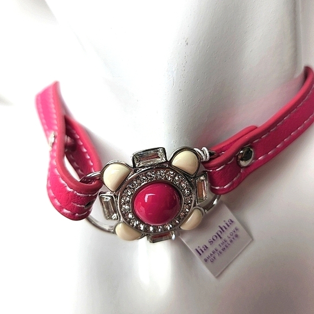 LIA SOPHIA HOT PINK RHINESTONES LEATHER CHOCKER NECKLACE NEW‎ SUMMER VACATION